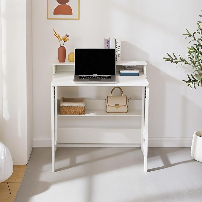Fold Out Desk with Power Outlets Small Foldable Table with Storage ShelfSpace-Saving Hidden Desk for Bedroom Living Room &amp Office (White)