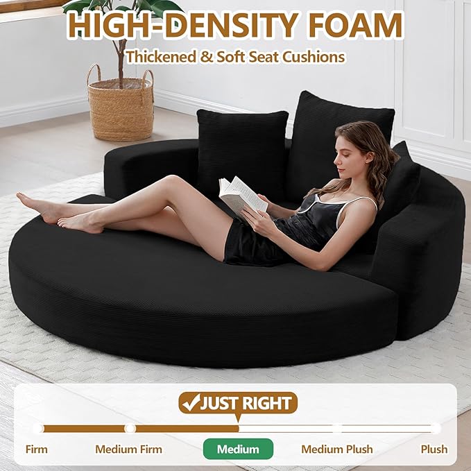 67” Foldable Couch Bed Corduroy Round Floor Couch with 3 Comfy Pillows 2 in 1 Convertible Sofa Bed for Living Room Apartment 380 LBS Capacity No Assembly (Black)