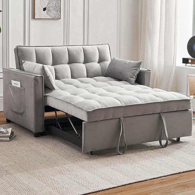 Futon Sofa Bed 3 in 1 Sleeper Sofa Couch Bed with Armrests Storage Pockets and 2 Pillows Adjustable Backrest Sofa Bed Couch for Living Room Bedroom OfficeReading Room(Grey)