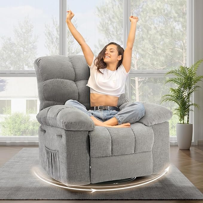 Oversized Swivel Rocker Recliner Chair for Adult360°Swivel Rock ReclinerExtra Wide Manual ReclinersChenille Upholstery Overstuffed Soft Rocking Sofa ChairLight Grey