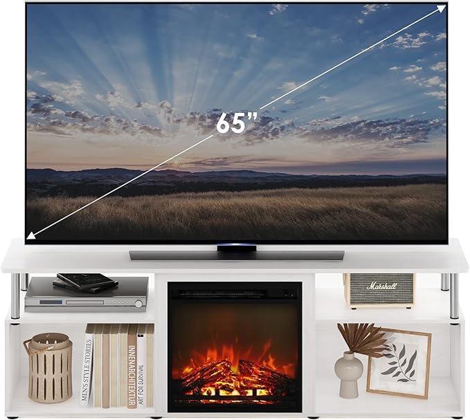 Furinno Jensen Open Storage Fireplace Entertainment Center for TV up to 70 Inch with Stainless Steel Tubes White Oak/Chrome