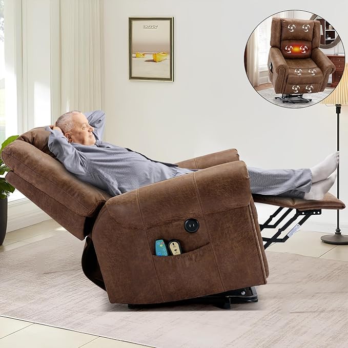 Electric Power Lift Recliner Chairs with Massage and Heat for Elderly Overstuffed Wide Ergonomic Lounge Chair Classic Single Sofa for Living Room with 2 Remote Control/USB Ports(Brown)