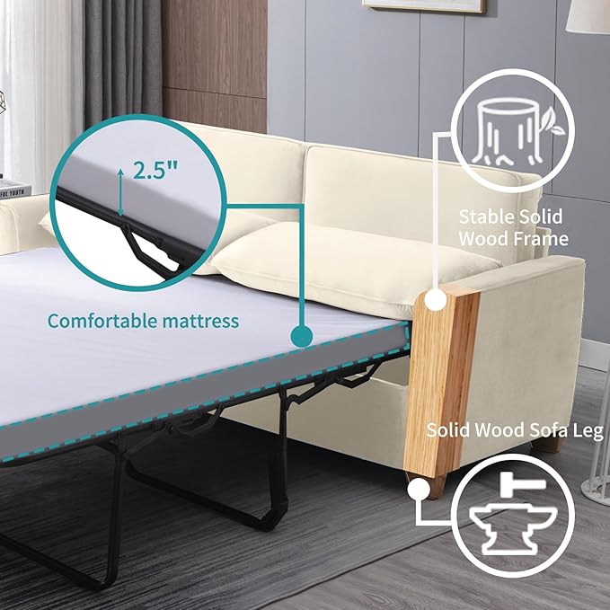 BALUS Velvet Full Size Pull Out Sofa Bed 71 W 2-in-1 Convertible Sleeper Sofa Pullout Couch Bed with Memory Foam Pillows and Mattress for Living Room Furniture Office Apartment Small Space Beige