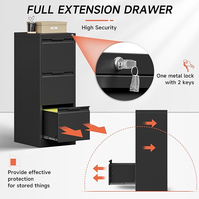 3 Drawer File CabinetFiling Cabinets for Home Office Metal Vertical File Storage with Lock Locking for A4 Legal/Letter Assembly Required(Black)