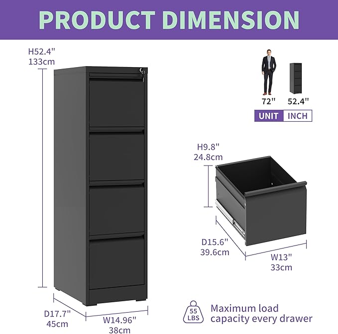4 Drawer Small File Cabinet with Lock Under Desk Storage Cabinet Organizer Filing Cabinets for Home Office with Locking DrawersBlack