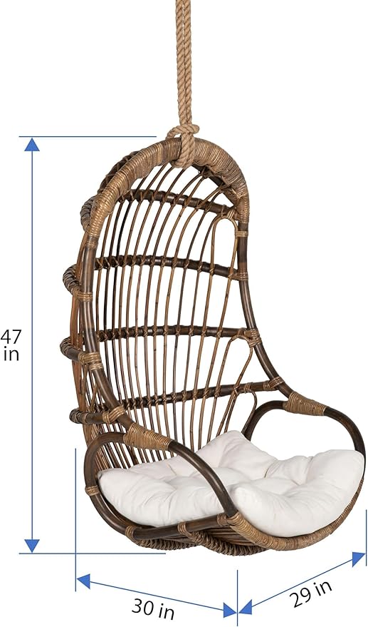 KOUBOO Hanging Rattan Swing Chair with Seat Cushion Handwoven Natural Rattan Chair Coastal Home Decor Furniture for Bedroom Living Room &amp Sun Room Antique Brown