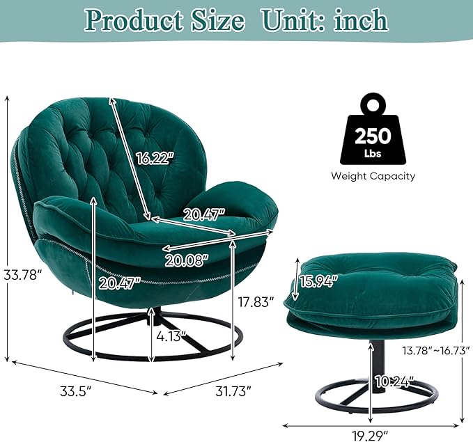 Velvet Swivel Accent Chair with Ottoman Tufted Upholsterd Comfy Lounge Chair with Metal Base &amp Footrest Modern Single Sofa Reading Side Chair with 360 Rotation for Living Room (Green)