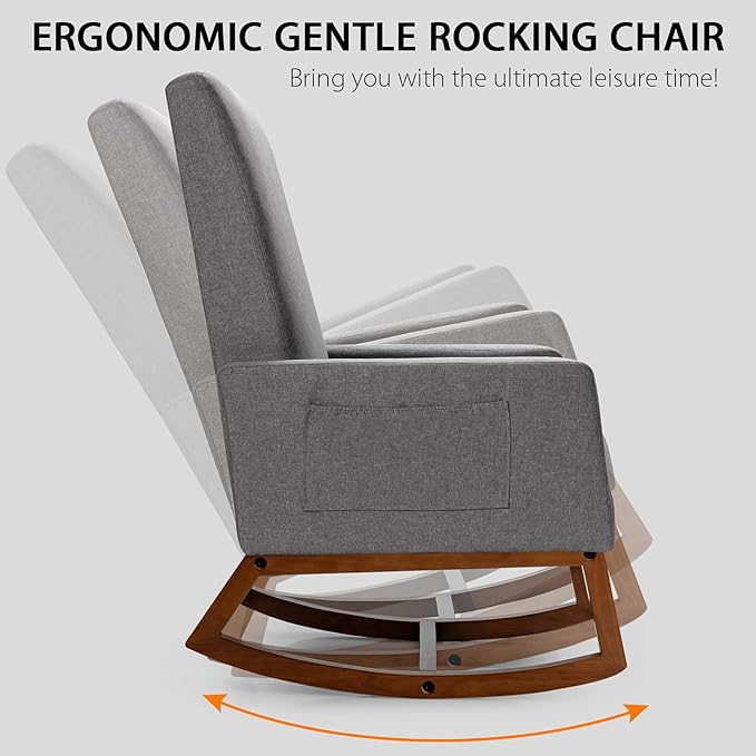 Giantex Upholstered Rocking Chair Modern Fabric Armchair w/Wood Base Side Pocket Linen Padded Seat High Back Accent Glider Rocker Chair Mid-Century Leisure Chair for Nursery Living Room (Gray)