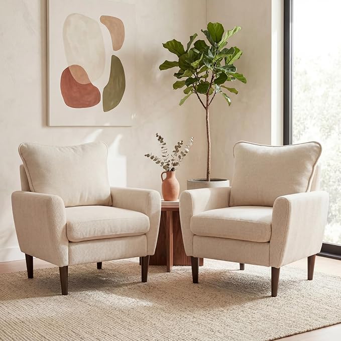 OLIXIS Comfy Accent Chair for Living Room Bedroom and Waiting Room Upholstered Mid-Century Reading Chair with Pillow and Solid Wood Legs Wide Singe Modern Lounge Sofa (Beige 2 Pack)