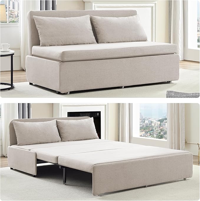 Mjkone 62 Width Pull Out Sleeper Sofa Bed Queen Size 2-in-1 Modern Convertible Linen Sofa Sleeper Pull Out Couch Bed with Cushions &amp Throw Pillows for Living Room Home Office Small Place Beige