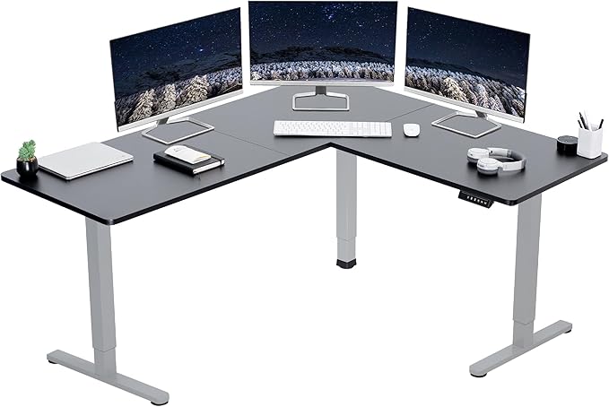 VIVO Corner Standing Desk 63 x 55 inch Reversible L-Shaped Workstation Electric Height Adjustment Home Office and Reception Rooms Black Table Top Gray Frame DESK-E3CTGB