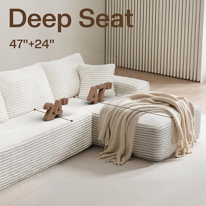 106'' Modular Sectional Sofa L-Shaped Boneless Cloud Couch with Chaise Lounge 4-in-1 Flexible Combination Faux Rabbit Fur &amp Layered Cushion Deep Seat No Assembly Beige Right Facing Chaise