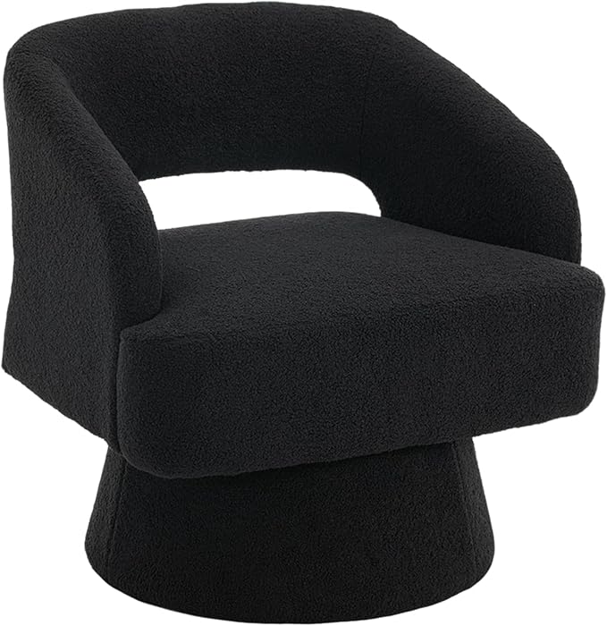 Comfy Swivel Barrel Chair for Living Room - Modern Upholstered Accent Chair with Teddy Fleece Hollowed Back &amp 360° Swivel Base Small Round Chair for Bedroom Reading Nook Office Black