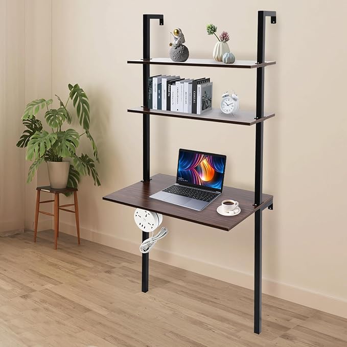 Wall Mount Floating Desk with 3-Tier Storage Shelves 72.5in Stepped Indoor Office Desk Modern Storage Writing Table for Small Spaces Home Office &amp Living Room (Brown/Black)