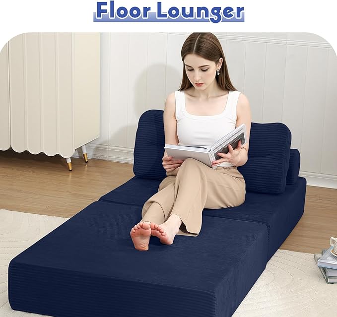 MeMoreCool Folding Sofa Bed Single – Convertible Sleeper Chair with Pillow Navy | Foldable Mattress Back Support Portable Fold Out Chair Bed Comfy Floor Sofa Lounge for Living Room Bedroom