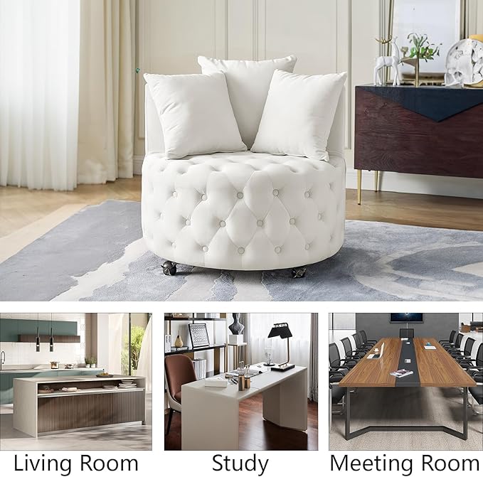 Swivel Barrel Chair Velvet Swivel Accent Sofa with 3 Pillows and 4 Wheels Modern Round Oversized Swivel Chair 360 Degree Swivel Sofa Chair Swivel Barrel Chair for Living Room Reception Room Beige