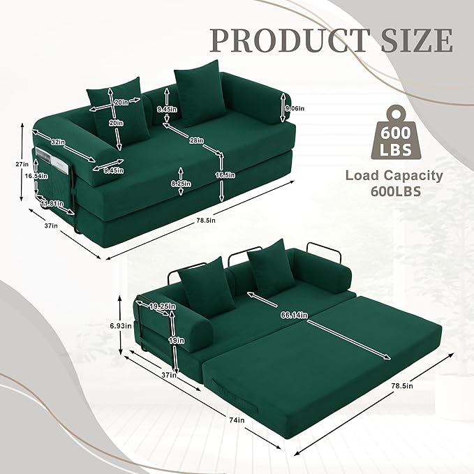 Convertible Sleeper Sofa Bed 78.5 Folding Floor Sofa Mattress Couch with Pillows Corduroy Futon Boneless Couch Lounge Loveseat with Pull Out Bed Emerald Green