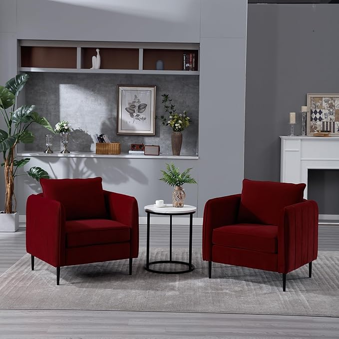 Velvet Accent Chair Comfy Upholstered Armchair Living Room Reading Chair with Metal Legs for Living Room Bedroom Office (Red Chair)