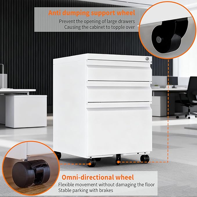 3 Drawer File Cabinet with Wheels Metal Filing Cabinets for Home Office with Lock Under Desk Drawer Organizer Fully Assembled Fits Letter A4 Standard Sizes (White 23.6*15.4*19.7)