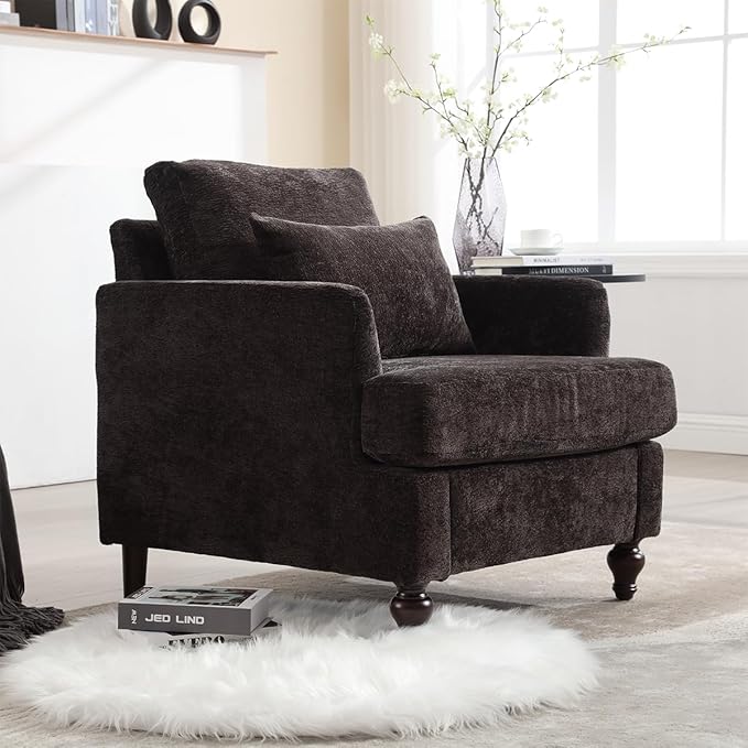 Upholstered Living Room Chair Chenille Accent Chair Single Sofa with Cushion &amp Solid Wood Frame Mid Century Modern Armchair for Bedroom Office