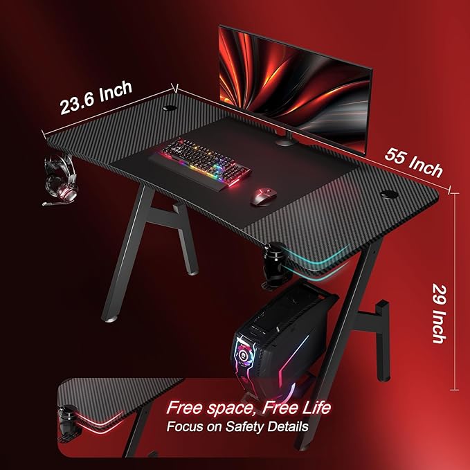 HLDIRECT 55 Inch Gaming Desk Large Computer Desk Gaming Table with Cable Management Ergonomic Carbon Fiber Gamer Table Pc Work Home Office Desks with Cup Holder &amp Headphone Hook &amp Mouse Pad