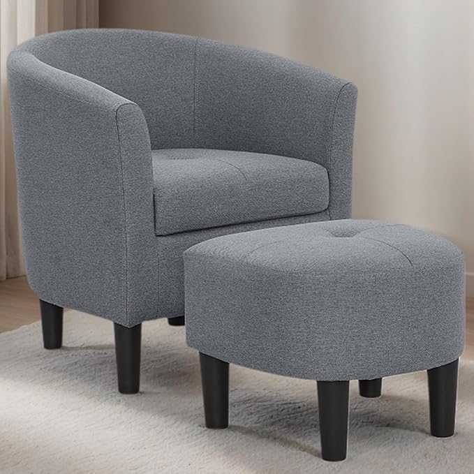 25” Fabric Upholstered Accent Chairs with Ottoman Comfy Barrel Chair with Tufted Seat for Adults Cozy Reading Chairs with Round Back for Living Room Bedroom Small Spaces (Gray) (Gray)