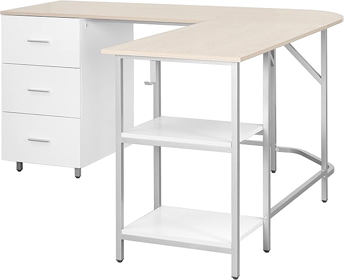 Techni Mobili L Shaped Desk - Two-Toned Computer Desk with Drawers &amp Storage Shelves - Simple Modern Furniture &amp Home Office Space Corner Table for Work &amp Writing