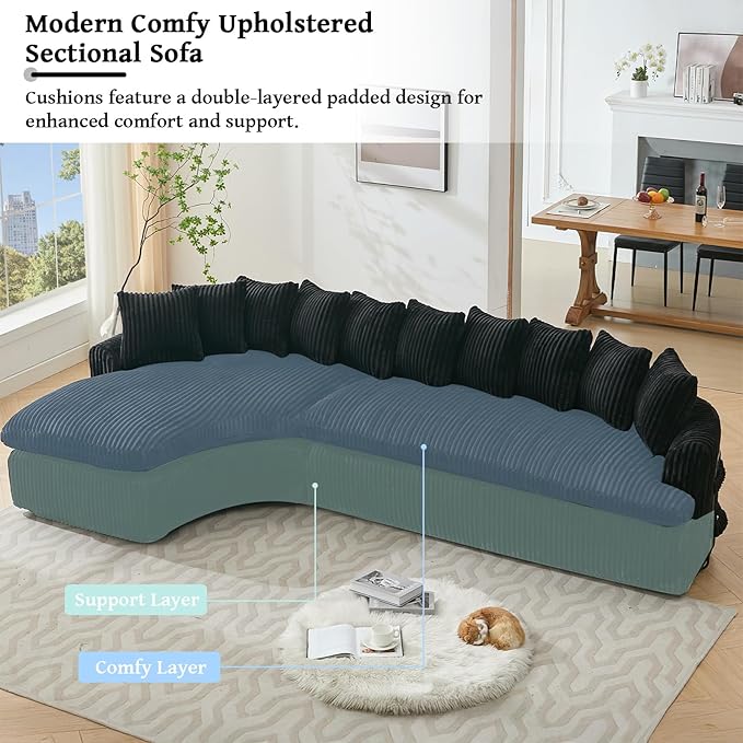 129 Oversized L-Shaped Sectional Couch Corduroy Upholstery Boneless Couch with 10 Pillows Modern Cloud Sofa Black Couches for Living Room Soft Deep Seat Sponge Sofa No Assembly
