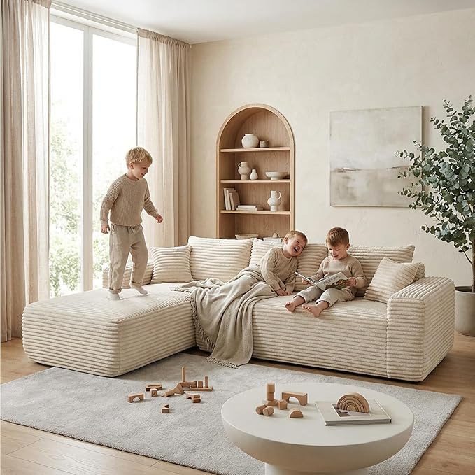Compressed Modular Sectional Sofa L Shaped Flexible Cloud Boneless Couch for Living Room 3 Seat Upholstered Sofa with Chaise Lounge Deep Seat No Assembly Required Cream White