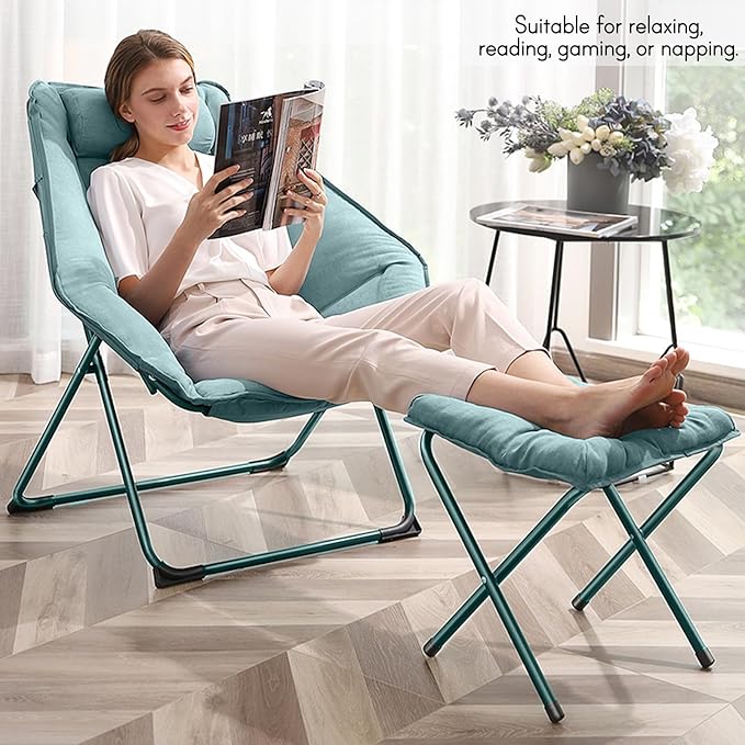 Hexagon Foldable Living Room Chair Saucer Chair for Adults Comfy Bedroom Lounge Chair Moon Chair Lazy Folding Chair for Dorm Rooms(Ottoman-Green)