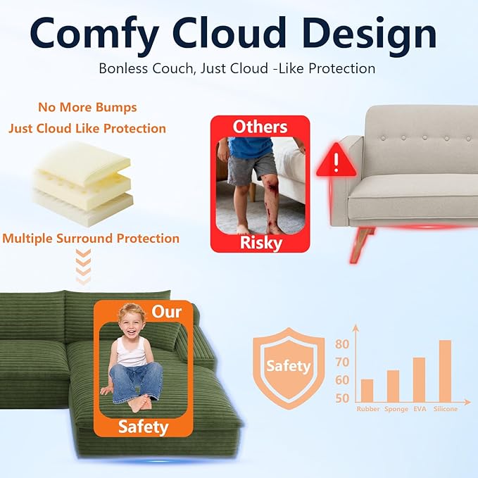 107”Cloud Sectional Couch Boneless Sofa for Living Room Modular Sectional Sofa with Deep Seat Fluffy Comfy Couch with L-Shaped Chaise No Assembly Required Comfy Upholstered Corduroy Couches Right