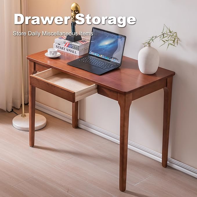 Solid Wood Desk with Drawers Home Office Desk for Small Spaces Gaming Work Study Desk Student PC Desk for Bedroom Easy to Assemble (Cherry Color 39.4 inch)