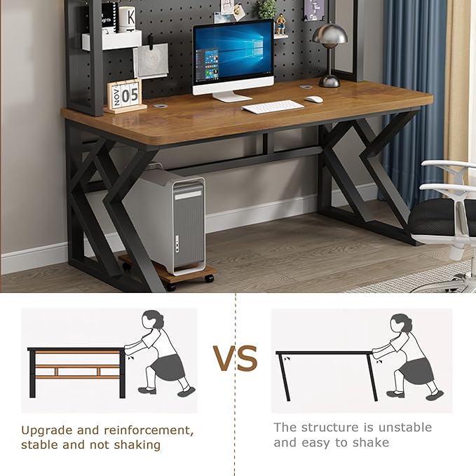 31.4in Gaming Desk with Bookshelf Combo Computer Desk with Pegboard Large Writing Table with Desktop Shelves Ample Leg Room for Home Office (Brown 31.4in)