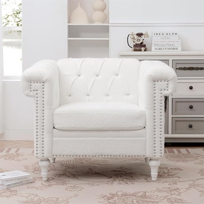 White Chesterfield Chair Upgrade Sherpa Accent Chair Chesterfield Upholstered Club Wingback Chair Button Tufted Sofa Chair for Living Room Bedroom Office