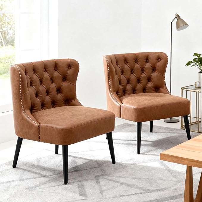 chairus Tufted Slipper Accent Chairs Set of 2 Faux Leather Upholstered Armless Living Room Chairs with Nailhead Trim Mid-Century Modern Wingback Side Chairs for Bedroom Office Brown PU