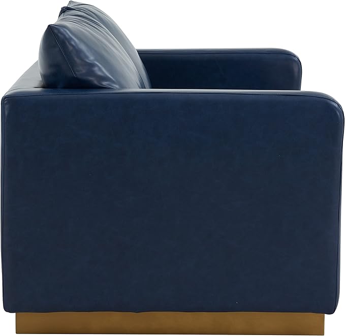 LeisureMod Nervo Modern Upholstered Leather Loveseat Sofa 2-Seater Living Room Couch with Gold Metal Base and Removable Cushions Small Space Furniture for Living Room Office Navy Blue