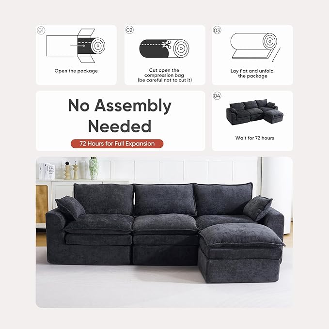 113 Cloud Sectional Boneless Couch for Living Room Modern Modular Sectional Sofa Deep Seat with Ottoman Oversized Comfy Sectional Couches L Shaped Cloud Couch with Side PocketsBlack