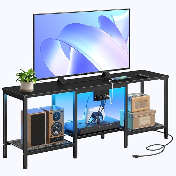 HOOBRO TV Stand with Charging Station to 55 Inches LED Entertainment Center Media TV Console Table with Open Storage Shelving for Living Room Bedroom Black BB122UDDS01