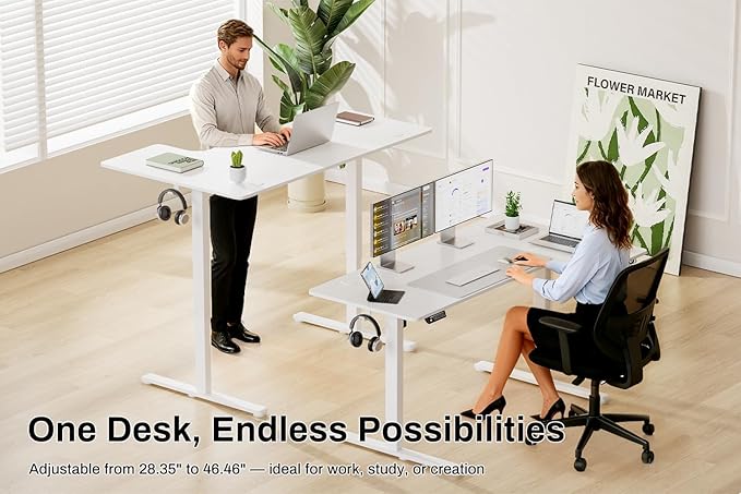 EcoZen Standing Desk Electric Height Adjustable Desk 55 x 33.5 Inches L Shaped Sit Stand up Desk Computer Home Office Desk Memory Preset with Two-Piece Fir Wood Desktop (White 55 * 33.5 Inch)