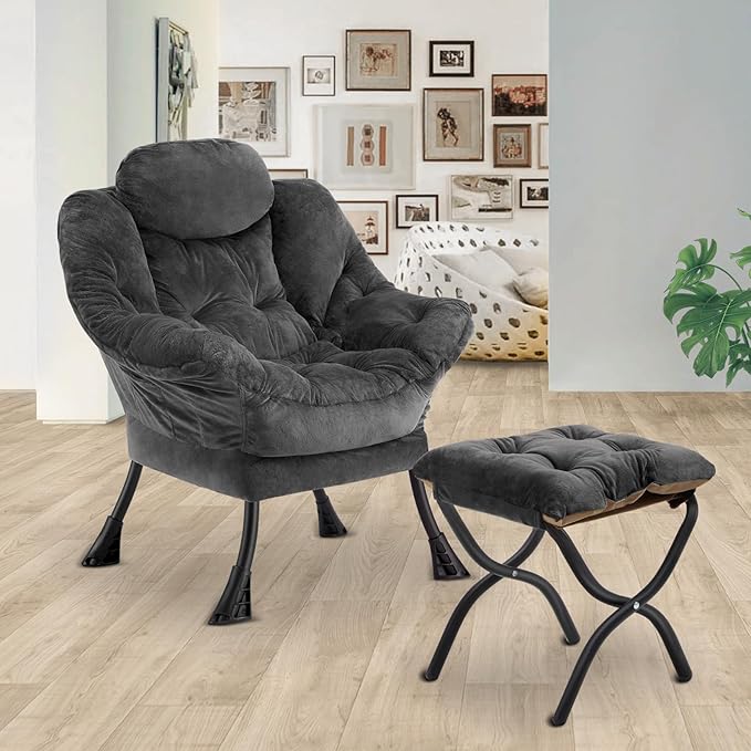 Lazy Chair with Folding OttomanLeisure Sofa ChairSoft Fabric Armchair with Armrests and Side Pockets Reading Chair with Footrest for Living Room Bedroom Office (Plush Dark Grey)