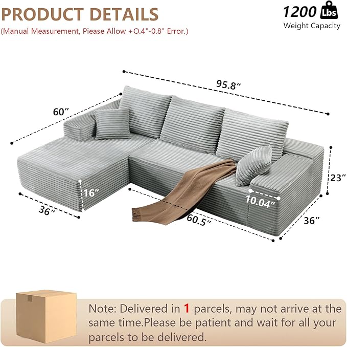 96 Modular Sectional Sofa Modern Corduroy Cloud Couch with Deep Seat Boneless Couch Upholstered 3-Seater L-Shaped Sofa for Living Room No Assembly Required (Light Gray Left-Facing Chaise)