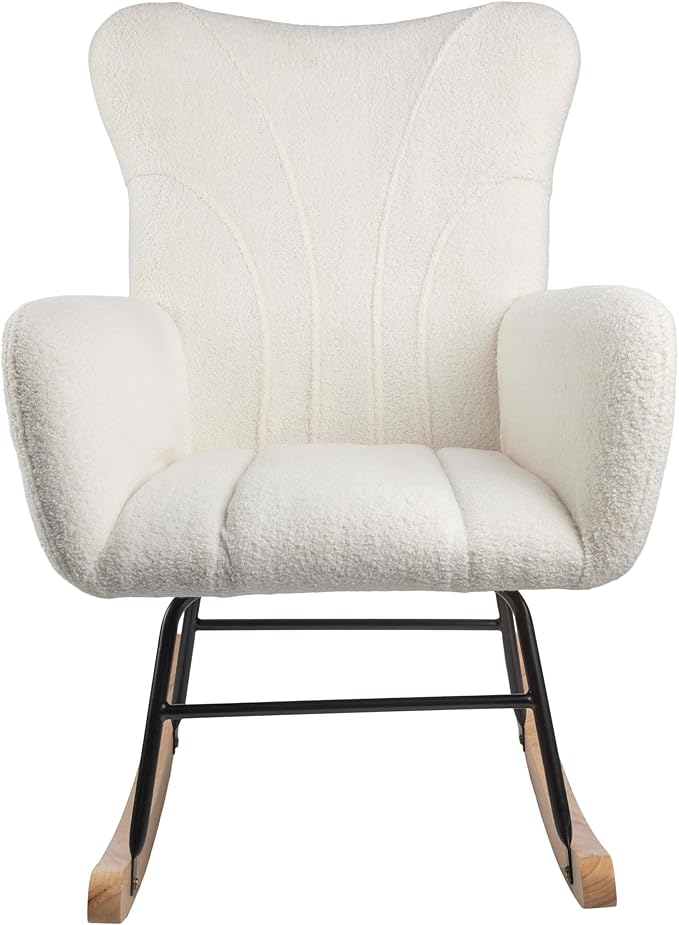 Rocking Chair - Teddy Fabric Upholstered Chair with Padded Seat and Contoured Armrests - Ergonomic Modern Rocker for Bedroom by Lavish Home (Cream)