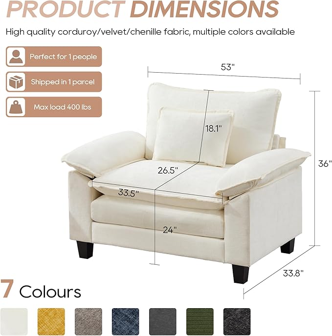 IPKIG Chenille Oversized Accent Chair - 53 W Cozy Upholstered Single Reading Armchair Modular Cloud Sofa for Living Room Bedroom Kids Room Family Room Reading Nook (Beige Chair Only)