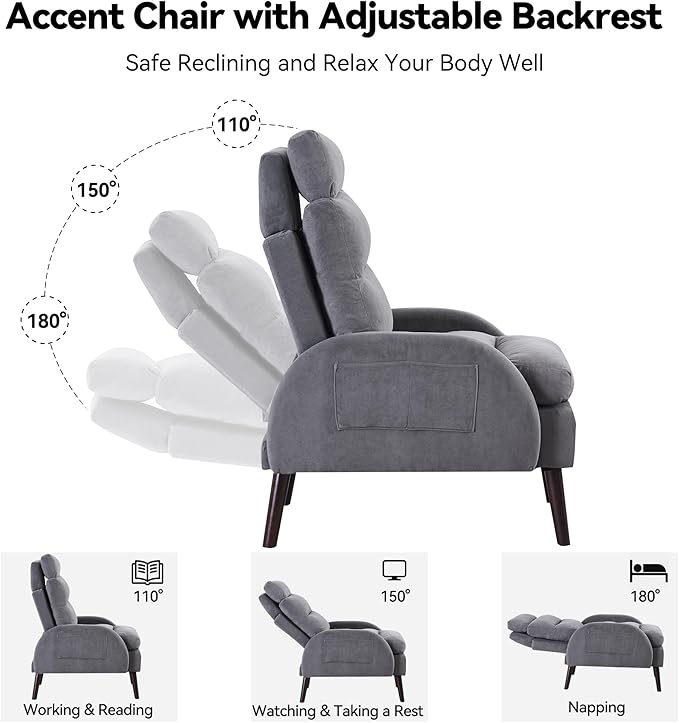 Accent Chair with Ottoman Comfy Reading Chair and Ottoman Set Modern Oversized Velvet Lounge Armchair with Adjustable Backrest for Living Room Bedroom Velvet Dark Grey