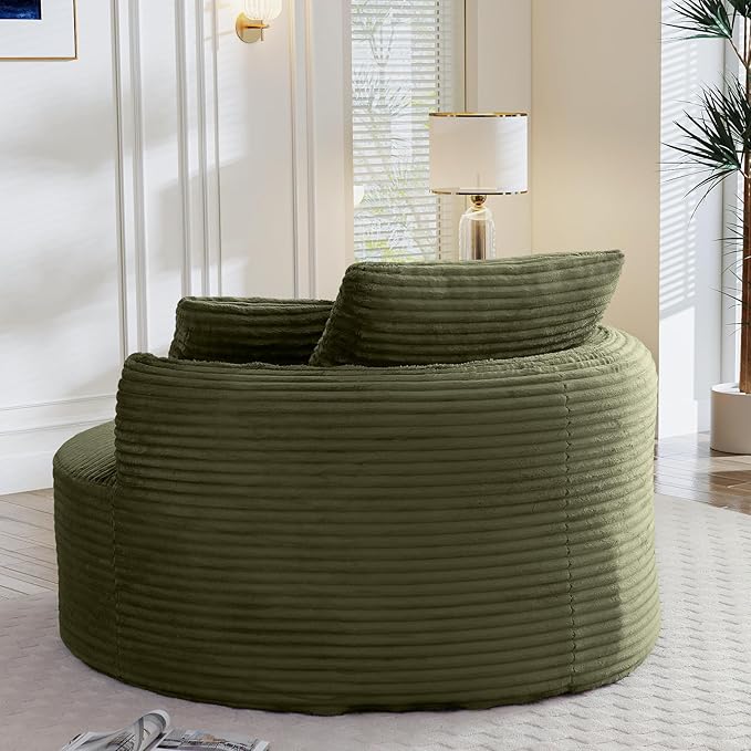Antetek 53.5-inch Round Chair Modern Accent Corduroy Comfy Deep Seat Boneless Foam Floor Single Circle Chaise Sofa Chair with 3 Pillows for Living Room Bedroom Office No Assembly Required Green