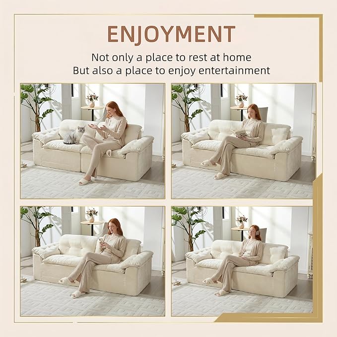 157 Cloud Sectional Couch Deep Seat Boneless Sofa for Living Room with U-Shaped Chaise Comfy Chenille Modular Sofa No Assembly Required (Beige 79” Loveseat)
