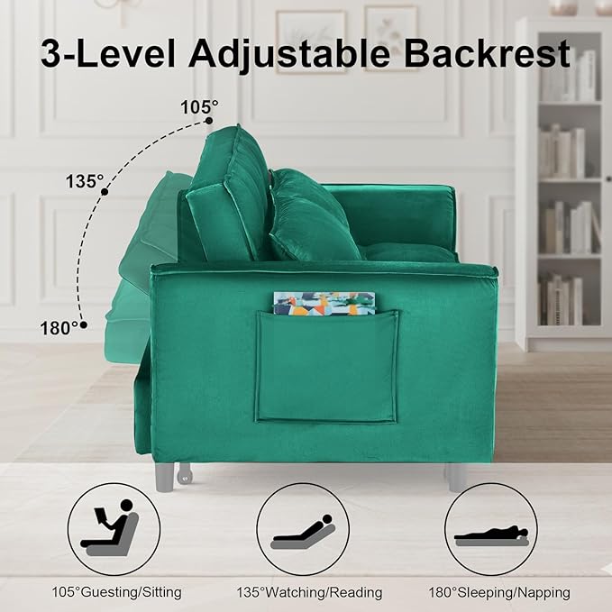3 in 1 Convertible Sofa Bed Pull Out Couch with Adjustable Backrest Velvet Sleeper Sofa Loveseat with Pillows and Side Pockets for Living Room Bedroom Apartment Green