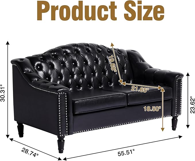 LEVNARY Chesterfield Loveseat Leather Upholstered Sofa with Button-Tufted Back Mid-Century Modern Sofa with Solid Wood Legs 2 Seater Couches for Living Room (Black)