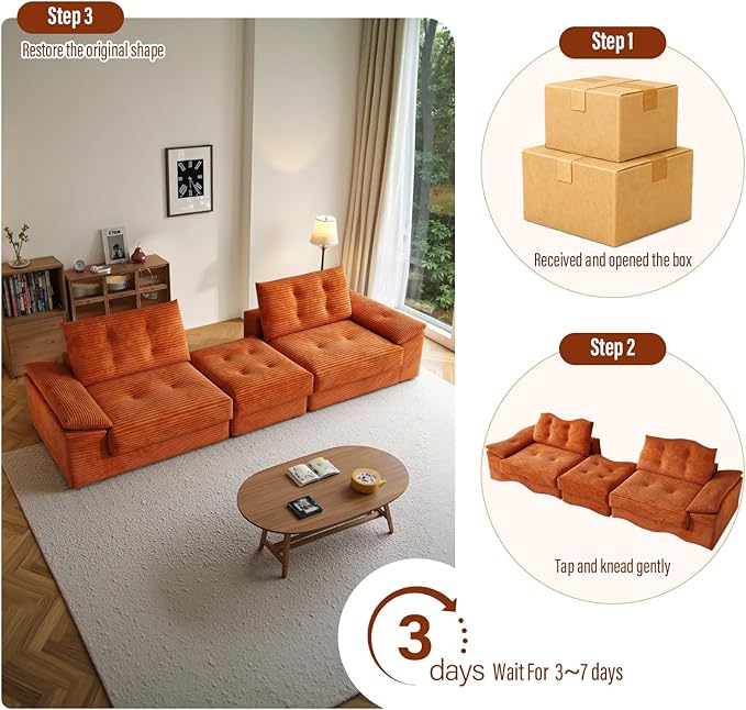 109.5 L-Shape Sectional Couches for Living Room Convertible Sleeper Sofa with Ottoman Compressed No-Frame 3 Seater Modular Sectional Sofa No Assembly Required(Corduroy Orange)