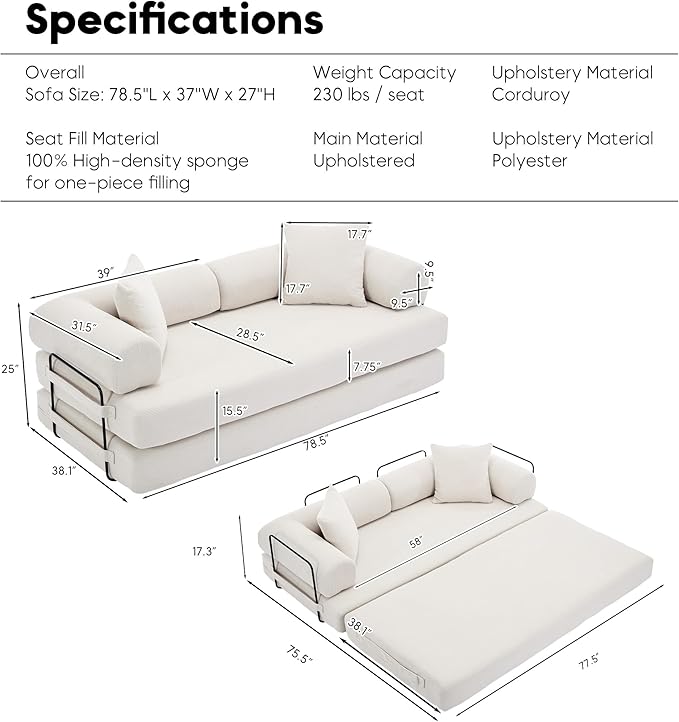Convertible Sleeper Sofa Bed with Cylindrical Pillow Corduroy Folding Mattress Couch with Fixed-Shape Frame Floor Sofa Lounge Couch for Living Room Bedroom Lounge Studio Beige